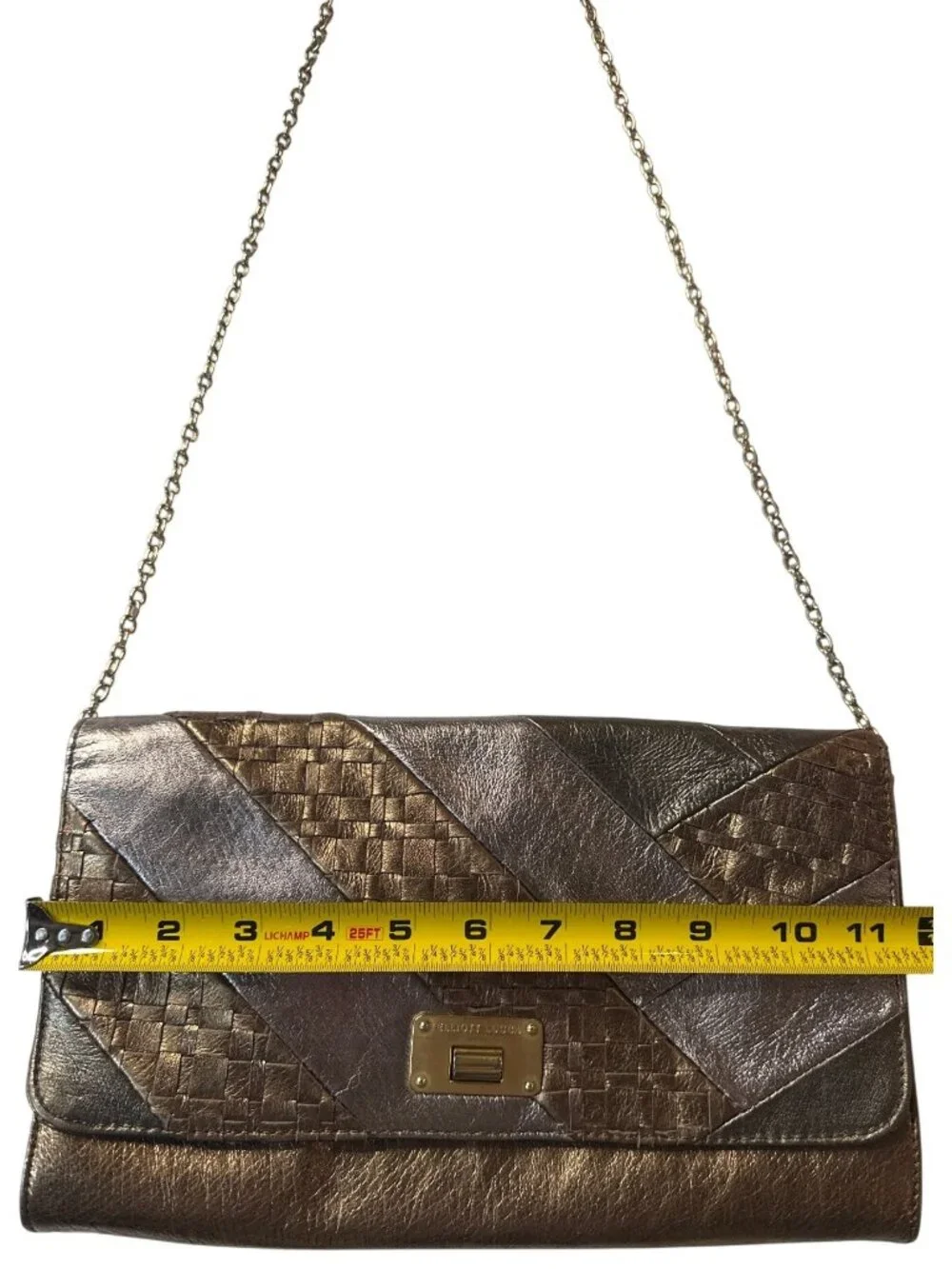 Elliott Lucca Metallic Bronze Woven Leather Chain Clutch Crossbody Bag 11